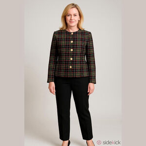 Women's JONES WEAR Black With White, Red, & Green Plaid Tweed Blazer Size 12